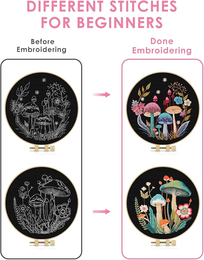 TINDTOP 2 Pack Embroidery Kit for Adult Beginners, Embroidery DIY Starter Kit, with Mushroom Stamped Patterns, Hoop, Tools, Colorful Threads with Needles, Instructions