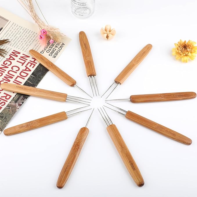 9Pcs Dreadlock Crochet Hook for Hair,Weaving Crochet Braid Hair Dreadlocks Needle for Braid Craft Bamboo Handle 0.5mm 0.75mm 1mm
