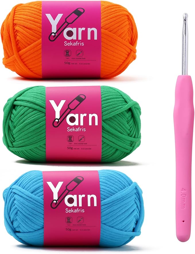 Crochet Yarn with Cotton Yarn for Crocheting - Crochet Knitting Yarn for Beginners with Easy-to-See Stitches - Yarn for Crocheting - Chunky Yarn(Orange Peel+Christmas Green+Lake Blue)