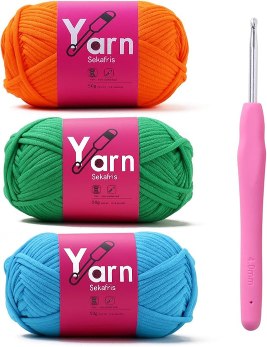 Crochet Yarn with Cotton Yarn for Crocheting - Crochet Knitting Yarn for Beginners with Easy-to-See Stitches - Yarn for Crocheting - Chunky Yarn(Orange Peel+Christmas Green+Lake Blue)