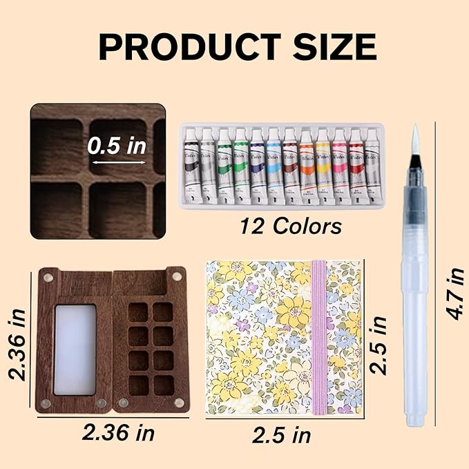 Aimery Mini Watercolor Paint Travel Set, Portable Small Miniature Pocket Water Color Painting Kit with Wooden Palette & Sketchbook(Yellow Flower)