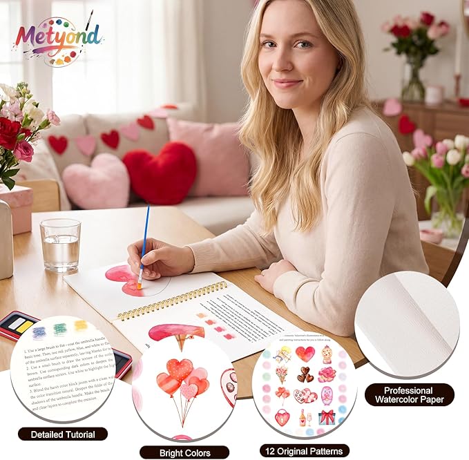Metyond Valentine's Day Watercolor Workbook - Watercolor Coloring Book with 1 Workbook 12 Colors Paint Set with Brush, Beginner Friendly Watercolor Workbooks Set Valentine's Day Gift for Adults Teens