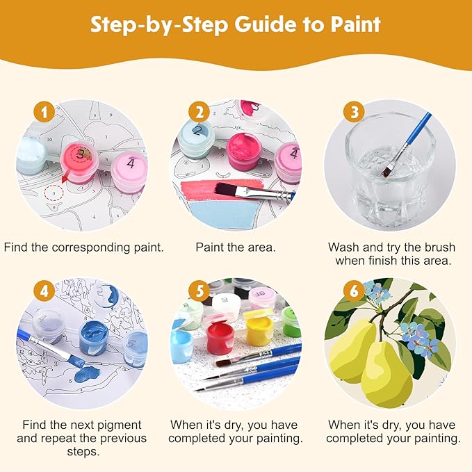 4 Pack Paint by Number for Kids with Wooden Frame, Lovely Watercolor Fruit Paint by Numbers for Kids Ages 8-12, Orange, Lemon, Peach, Pear, DIY Acrylic Oil Painting for Home Wall Decor 8X8 inch