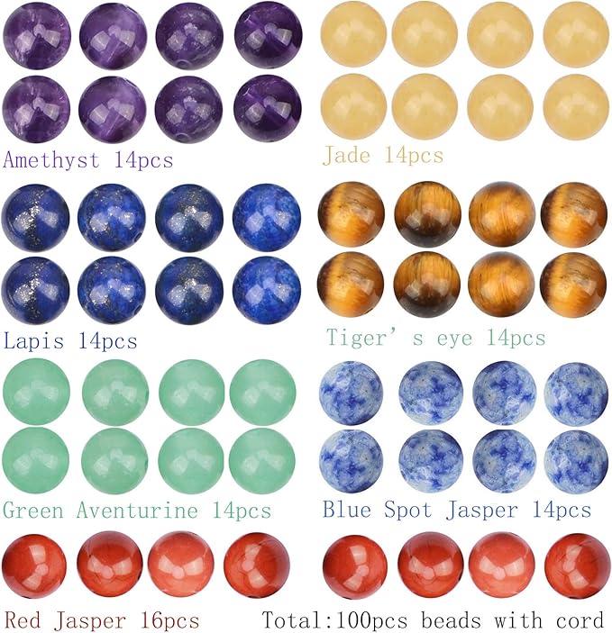 LPBeads 100PCS 8mm Round Natural Chakra Beads Gemstone Round Loose Beads for Jewelry Making with Crystal Stretch Cord