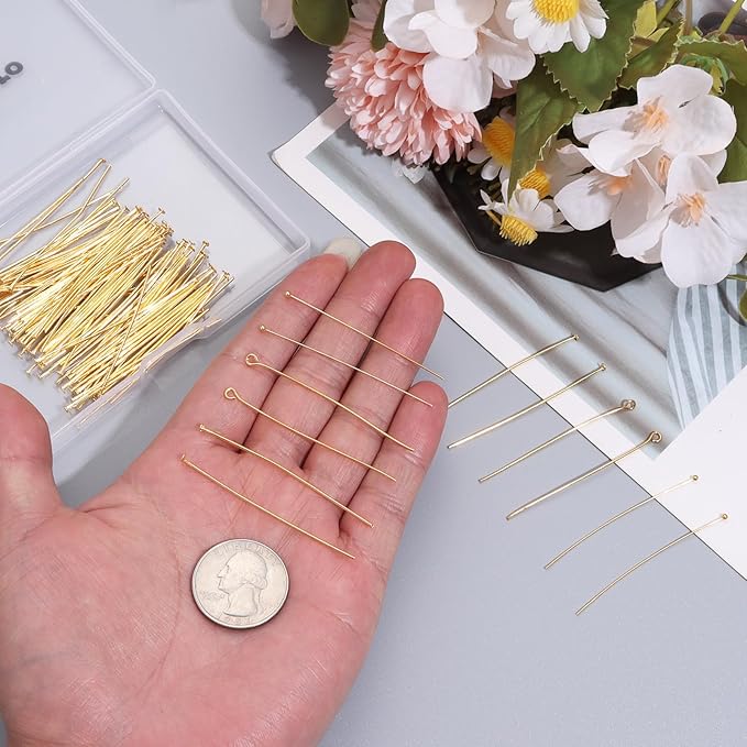 210 Pcs 50mm/1.97 Inch Head Pins for Jewelry Making Straight Ball Eye Pin for DIY Christmas Styles Craft Earring Bracelet Necklace Pendant Making (Mixed Pins,Gold Color)