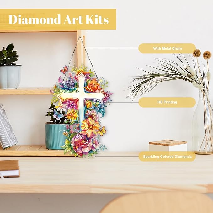 Roneenz Diamond Painting Kits Hanging Pendant, Floral Christ Hanging Diamonds Art kit for Adults, Special Shaped DIY 5D Art Window Decor, Home Garden Room Decor Gifts for Women and Girls