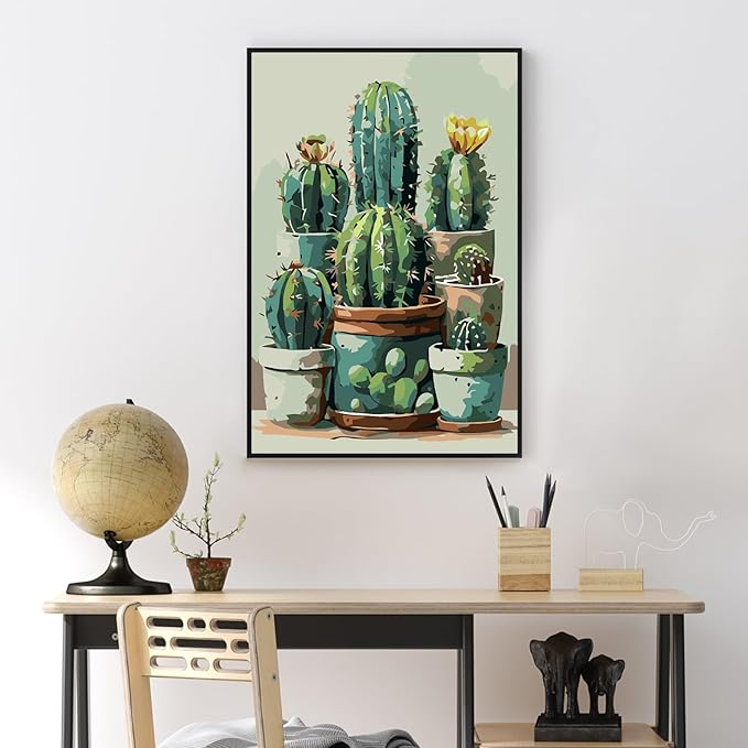 Yezavesu Framed Paint by Numbers Kit for Adults Beginner & Kids Ages 8-12, Cactus Paint by Numbers with Frame, DIY Number Painting for Adults Plant for Home Wall Decor Gift 8X 12 inch