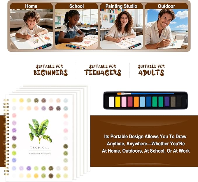 Watercolor Workbook for Adults, Beginner Friendly Watercolor Painting Kit Tropical Water Coloring Book, Nature-Themed Practice Art Gift Water Color Paint Book with Palette and Brush