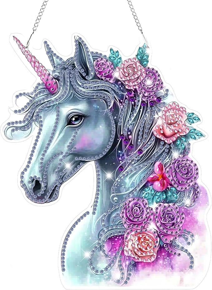 Bowetile Horse Diamond Art Hanging Kits for Adults, 5D Special Shape Diamond Painting Flowers Pendant Kits, Animal Gem Art Suncatchers Painting Window Ornament for Home Garden Wall Decor