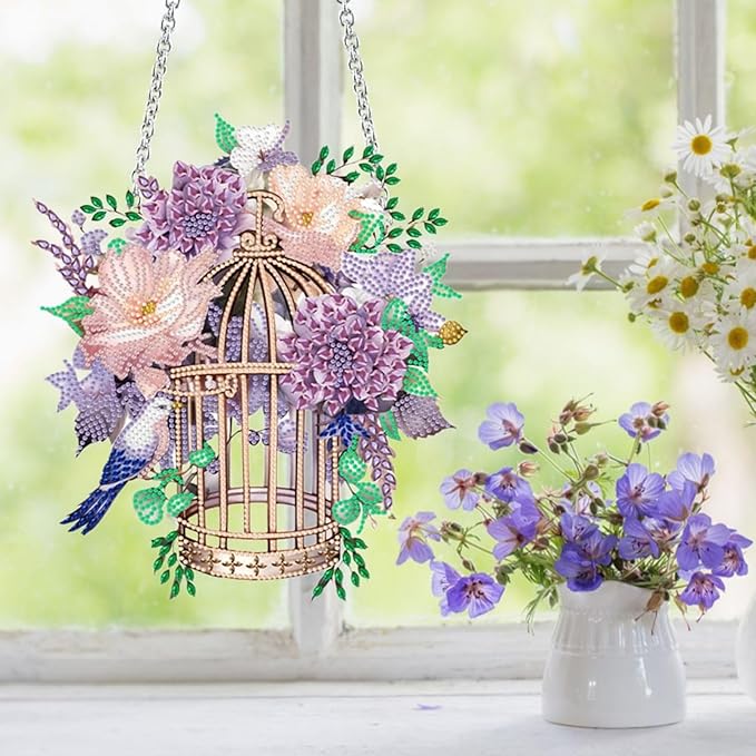 Flower Birdcage Design DIY Diamond Art Painting Wreath Kits Special Shaped Rhinestone Diamond Art Window Pendants Home Garden Wall Hanging Kits (Single Side Point Drill) (#11-Cat) (#02-Flower)