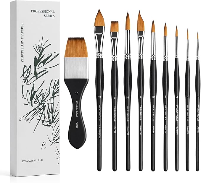 Fuumuui Watercolor Paint Brushes, Professional 10Pcs Synthetic Sable Water Color Brushes for Adult with Wide Flat, Round, Dagger, Cat's Tongue, Liner for Watercolor Gouache Inks Painting