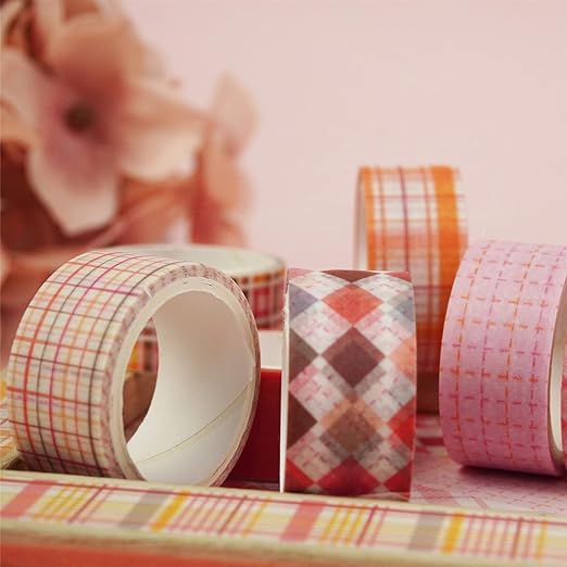 YUBX Basic Grid Washi Tape Set 12 Rolls Plaid Decorative Masking Tapes for Arts, DIY Crafts, Journals, Planners, Scrapbook, Wrapping (Pink)