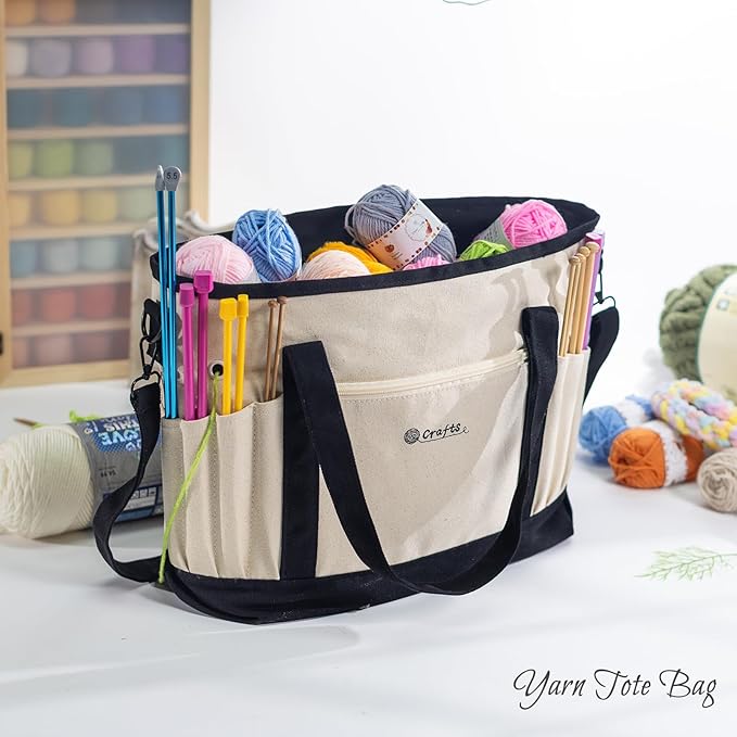 Canvas Yarn Storage Organizer Bag Washable Crochet Bag with Pockets for Yarn, Hooks, Needles – Travel Knitting Tote for Crafters – Gift for Crocheters & Knitters (Medium/Large)