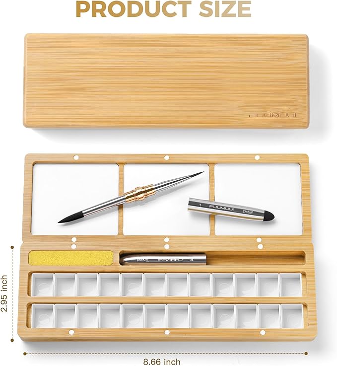 Fuumuui Watercolor Palette Box, Burlywood Palette Kit with Cover, 24 Empty Removable Half-pan Grids, Dual Tip Travel Brushes, for Watercolor Gouache Color Mixing, Pure White Palette for Painting