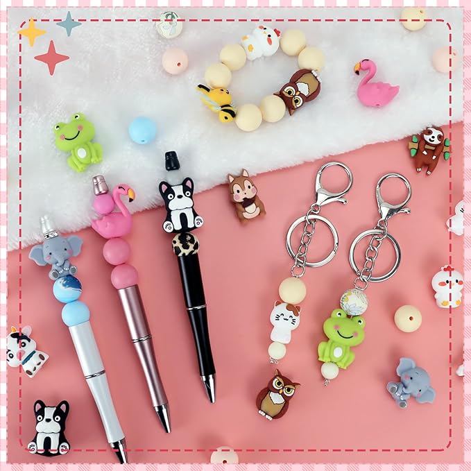 12pcs 3D Animals Silicone Focal Beads Silicone for Keychain Making Beads for Pens Shape for Bracelet Necklace Crafts （3D Animals）