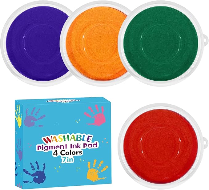 7 Inch Large Ink Pad for Kids Washable | Washable Stamp Pads for Classroom Stamps, Scrapbook Supplies Kit & Fabric Crafts (4 Colors-Red, Yellow, Blue, Green)