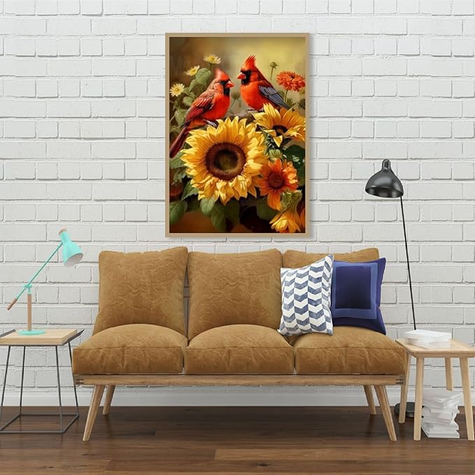 Mrnsiet Diamond Painting for Adults Kits, 5D Cardinal Diamond Art Kits for Beginners, DIY Full Drill Sunflowers Diamond Gem Art Kits for Home Wall Decor 12x16 Inch