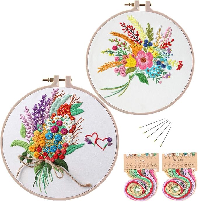 konrisa stamped embroidery kit with pattern floral diy sewing cross stitch kits for adult flowers plants embroidery starter kit with embroidery floss,hoops,color thread,needle,instruction,set of 2