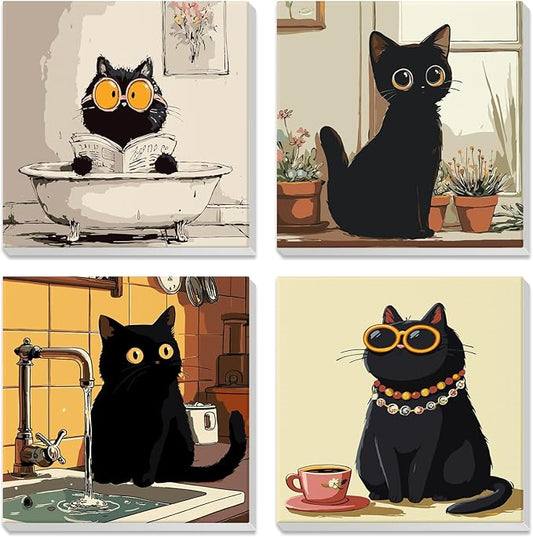 NEWENMO 4 Pack Paint by Number for Kids with Wooden Frame, Funny Cat Paint by Numbers for Kids Ages 8-12, Cute Cats, DIY Acrylic Oil Painting for Beginners for Home Wall Decor 8X8 inch