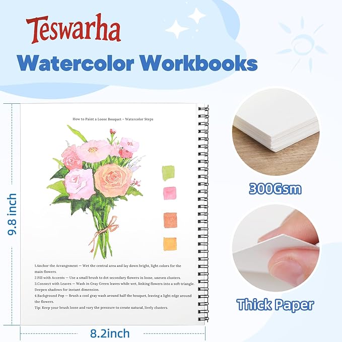 Teswarha Watercolor Workbook Using Thick Real Cotton Watercolor Paper for Adults Teens Spiral Bound 300GSM Art Paper 12 Sheets Flowers 8.2 x 9.8in