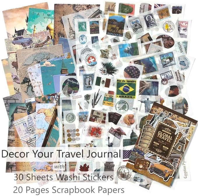 50 Sheets Travel Scrapbook Sticker Book for Scrapbooking, 300+ Washi Stickers with 20 A5 Scrap Book Papers for Journaling, Junk Journal Supplies, Collage, Bujo, Art Crafts
