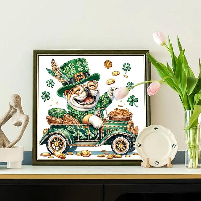 MVVMTOP Diamond Painting Kit St Patrick’s Day Dog Shamrock Lucky Coins Special Shaped 5D Partial Crystal Diamond Art DIY Wall Decor Gift