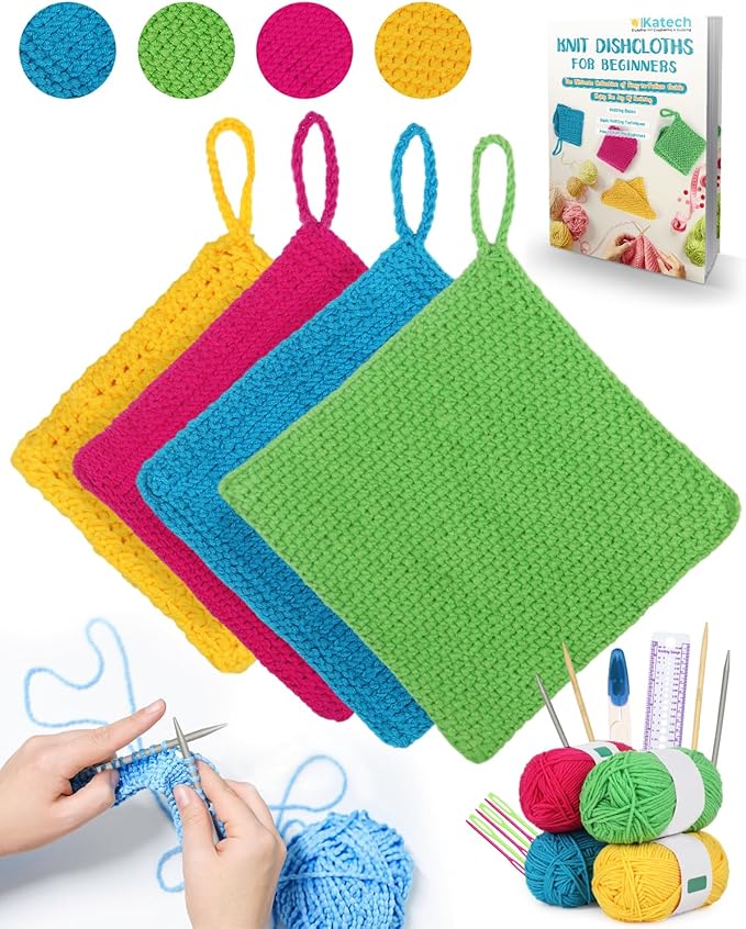 Katech Knitting Kit for Beginners-Learn to Knit Dishcloth-Beginner Knitting Kit for Adults with Knitting Book, Knitting Needles,Beginner Yarn, Yarn Needle, Craft Kits Gift (Beginner to Expert)