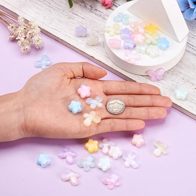 FASHEWELRY 140Pcs Acrylic Butterfly Flower Beads for Bracelet Making Assorted Cute Pony Bead Glitter Kawaii Beads Bulk Colorful Kandi Bracelet Bead for Jewelry Making