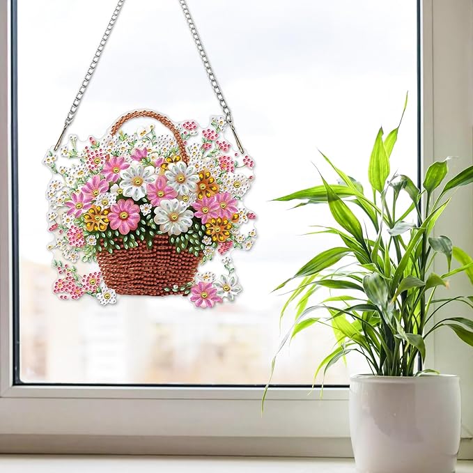 NAIMOER Diamond Art Hanging Kits for Adults Flower Basket 5D Special Shaped Rhinestone, DIY Acrylic Diamond Art Painting Window Pendants Home Garden Wall Hanging Ornament Kits, Double Sided