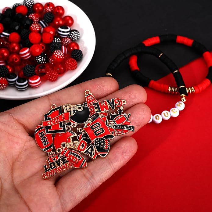 2200PCS+ Game Day Beads Charms for Bracelet Making Polymer Clay Beads Crystal Pearl Letter Gold Spacer Beads Football Charms for Game Day Bracelet Necklace Making DIY Crafts