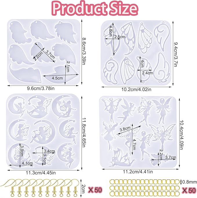 104Pcs Geometric Resin Earring Molds Kit, Wing Angel Shaped Earrings Silicone Mold for Epoxy Resin Dangle Drop Jewelry Molds Making Kit with 100 Earring Hook for Earrings Necklace Pendants (Wing)