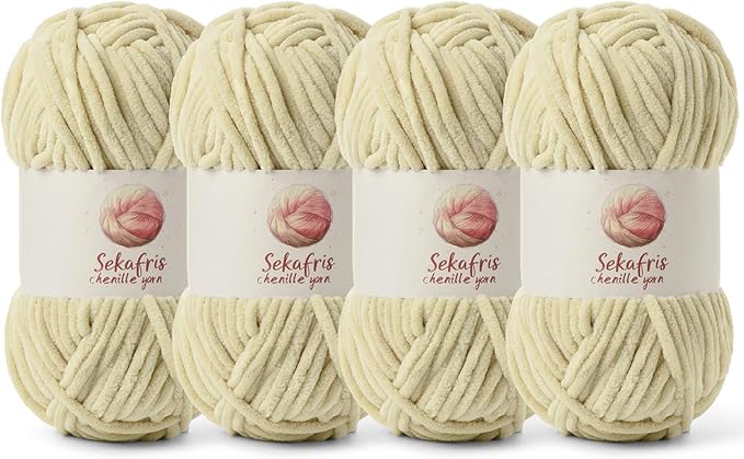 4 Pack Chunky Chenille Yarn for Crocheting, Baby Yarn for Crocheting Soft Blanket, 349.9 yds /14.1 oz Crochet Yarn, Bulky 5 Amigurumi Yarns, Fluffy Velvet Yarns for Knitting Crafts (4 Beige)