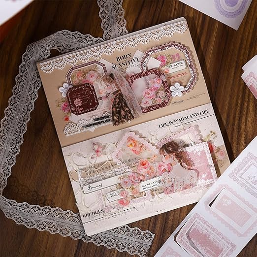 Vintage Pre-Cut Lace Border Circle Stickers Tape for Journaling, 6 Rolls White Kraft Paper Decorative Tapes Set, Frame Labels for Scrapbooking, Junk Journal Supplies, Collage, Card Making