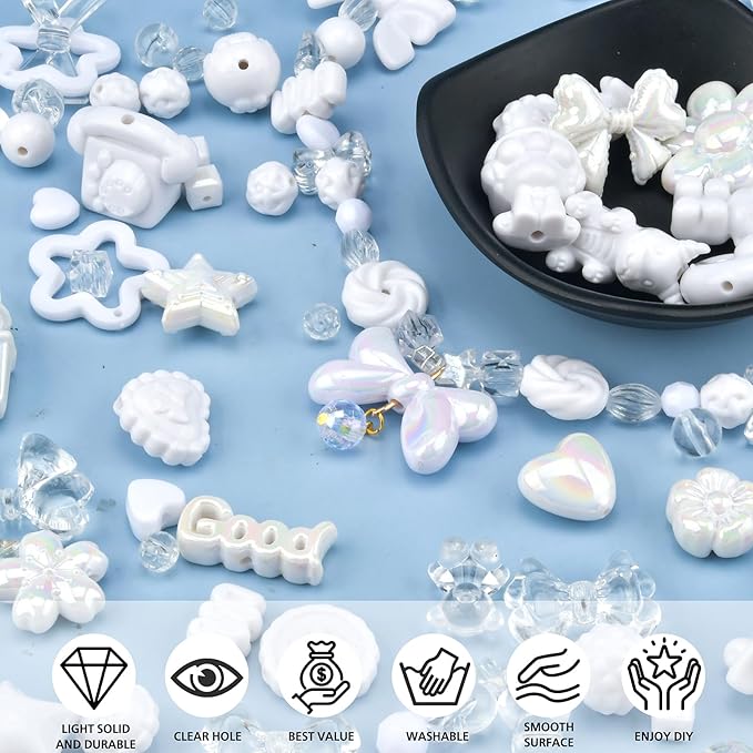 ABONDEVER 245-300Pcs Assorted Acrylic Beads for Bracelets Making Cute Star Bow Flower Candy Heart Gummy Bear Butterfly Beads for DIY Jewelry Crafts Keychain Necklace Phone Charms(White)