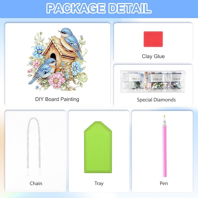 QENSPE Blue Bird Diamond Art Hanging Kits for Adults, 5D Special Shape Diamond Paingting Ornaments Kits with Chain, DIY Flowers Crystal Window Pendants for Home Garden Wall Decor Double Sided 8X8 inch