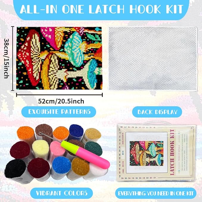 ORIGACH Mushroom Latch Hook Rug Kits, Color Stamped Grid Cloth Handmade Rug, Pattern Printed Carpet Kit, DIY Crochet Rug for Adults Home Decoration Festival Gifts 52 x 38 cm