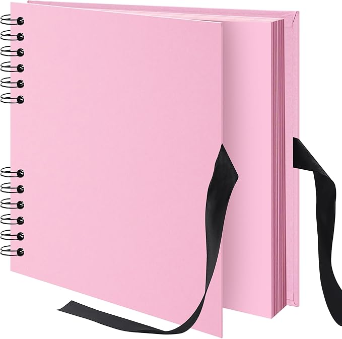 8x8 inch Scrapbook Photo Album DIY Picture Book 40 Pages, Thick Kraft Paper Scrap Book Album with Silk Ribbon Wedding Guest Book Memory Book for Baby, Family, Travel (Pink)