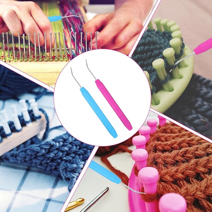 18 Pcs Loom Hook Crochet Loom 6 Pcs Pink and Blue Looms Knitting Hook with 12Pcs Colorful Plastic Sewing Needles Plastic Crochet Hooks for DIY Handicrafts Knittings Looms Boards Beginners