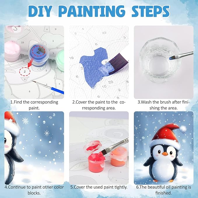 DOMROM 4 Pack Framed Paint by Numbers Snowman for Kids Beginners, Adult Paint by Number Kits Cat on Canvas, Acrylic Number Painting Christmas Craft Kits for Gift Home Decor 8x8in