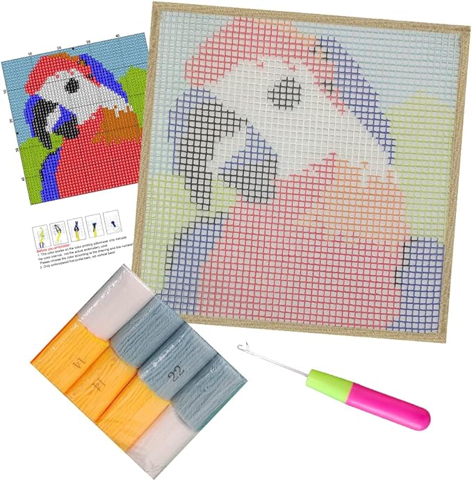 Latch Hook Kits Rug Parrot Crochet Yarn Cushion Colour Pre-Printed Canvas Cover Rug Needlework DIY Hook and Latch Kit Christmas Home Decoration 30x30cm/12 X12inch