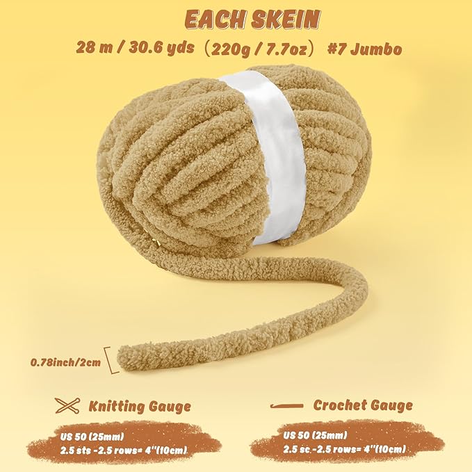 Inhand 8 Pack Chunky Chenille Yarn for Crocheting–30.6 Yards, 7.7oz, Soft Fluffy Thick Yarn,Gifts for Women/Grandma/Men Birthday Christmas Unique,Hand Knitting for Blankets&DIY Crafts (Khaki)