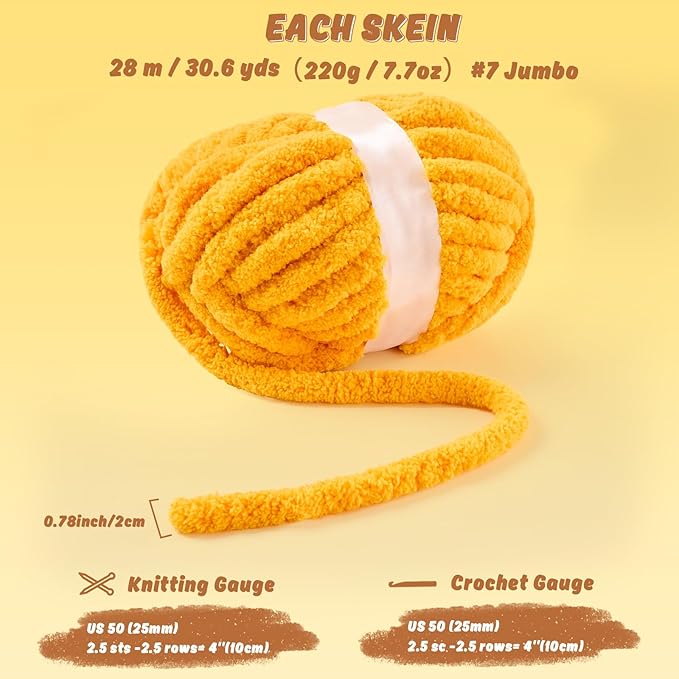 Inhand 8 Pack Chunky Chenille Yarn for Crocheting–30.6 Yards, 7.7oz, Soft Fluffy Thick Yarn,Fall Decor Gifts for Women/Grandma Birthday Unique,Hand Knitting for Blankets&DIY Crafts (Gold)