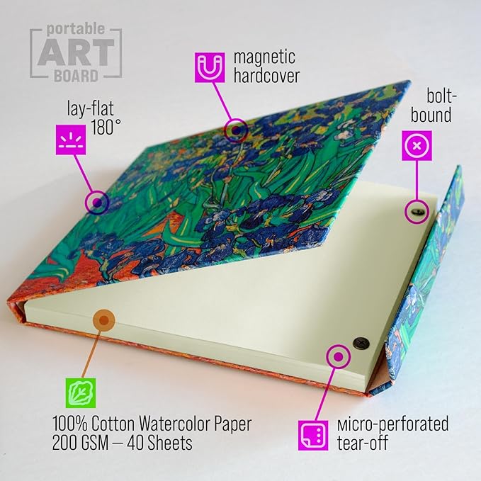 Watercolor Paper Pad — Magnetic Hardcover — 100% Cotton Watercolor Paper, Cold Press 200 GSM — 40 Acid-Free Sheets — Lay-Flat Watercolor Sketchbook — Art Supplies — KIROSKETCH (Irises, 8,5x7,7 in)
