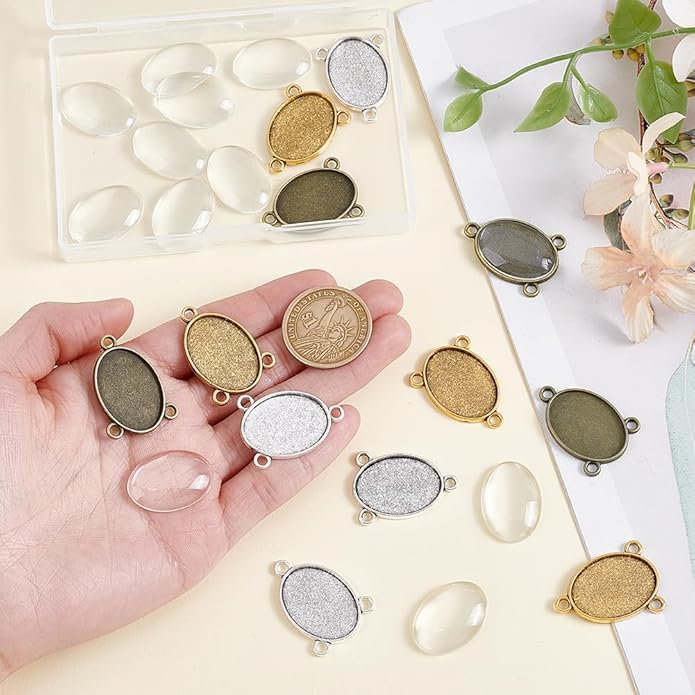 PH PandaHall 12 Sets Centerpiece Trays with Cabochons, 3 Colors Oval Bezel Pendant Trays 18x25mm Base Settings 3 Loops Base Connector Charms for DIY Necklaces Jewelry Crafts Making Easter Decor
