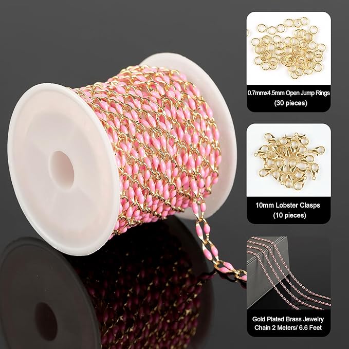 Pink Enamel Chain for Jewelry Making, 2 Meters Gold Plated Brass Cable Link Chain Roll with 30pcs Jump Rings and 10pcs Lobster Clasps