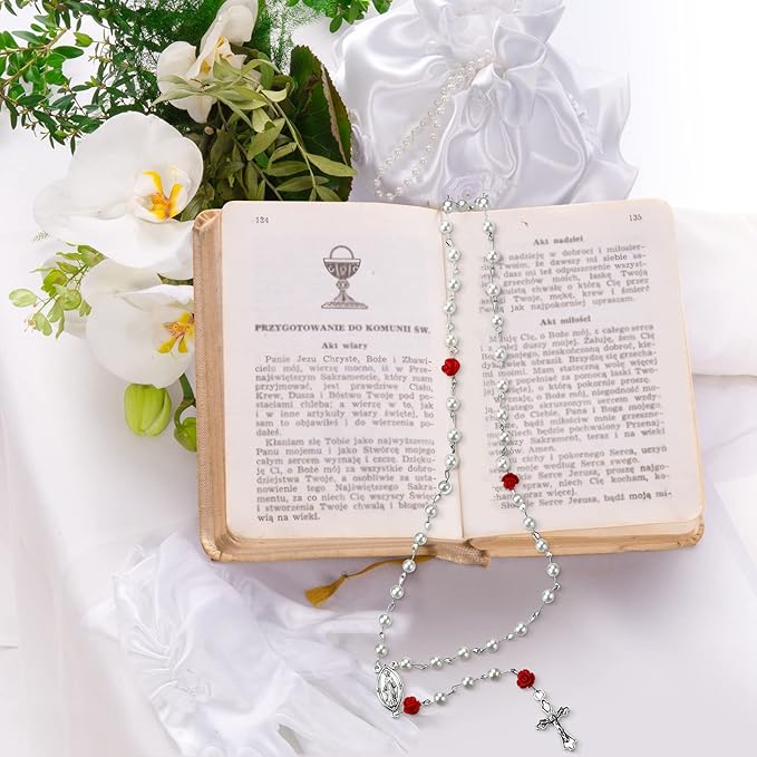 Highergo 1220 Pcs Rosary Making Supplies Rosary Pearl Beads Carved Rose Cross Centerpiece Crucifix Medal Silver Jesus Maria Pendant for Bracelet Necklace Jewelry, Red