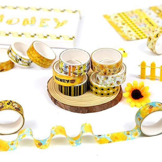 Bee Washi Tape Set,12 Rolls Honey Daisy Decorative Tape Yellow Black Bumblebee honeycombs Masking Tape for Journaling Supplies, Junk Journal, Scrapbooking, DIY Arts & Crafts, Gift Wrapping