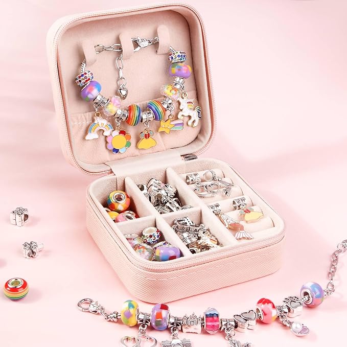 UFU Charm Bracelet Making Kit, Jewelry Making Kit Craft Gift for Girls 5 6 7 8-12, A Sweet Birthday Gift to Inspire Imagination & Creativity, with Portable Jewelry Box