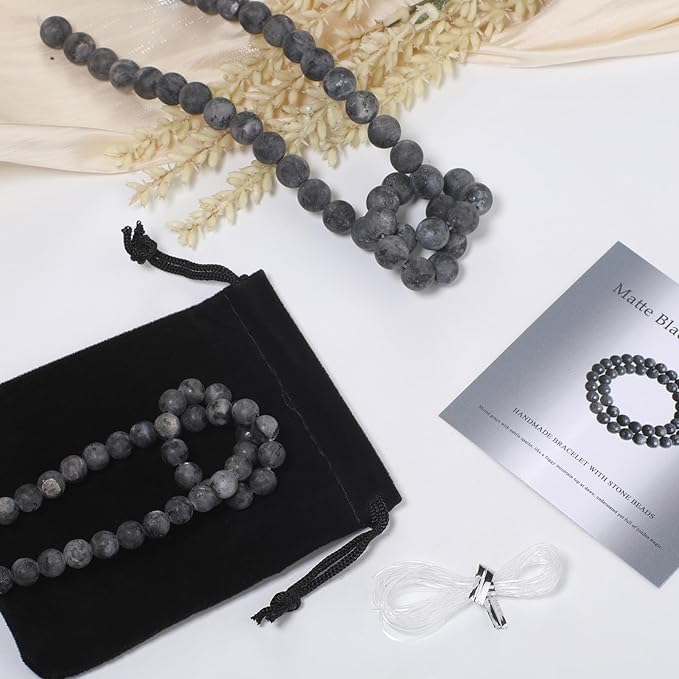 Stone Beads, 60pcs Matte Black Labradorite, 6mm Round Loose Beads for Jewelry Making, Bracelets, with Bag, String & Card