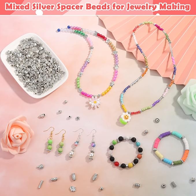 350 Pcs Silver Spacer Beads for Jewelry Making, Mixed Bulk Random Styles Metal Beads for Bracelets, Necklace, Earring Jewelry Making